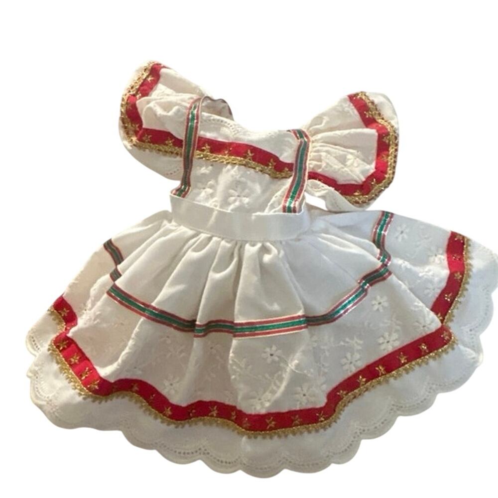 Vtg Pinafore Doll Dress, Ivory Red & Green Trim, Cultural Dress 14-16’ in dolls